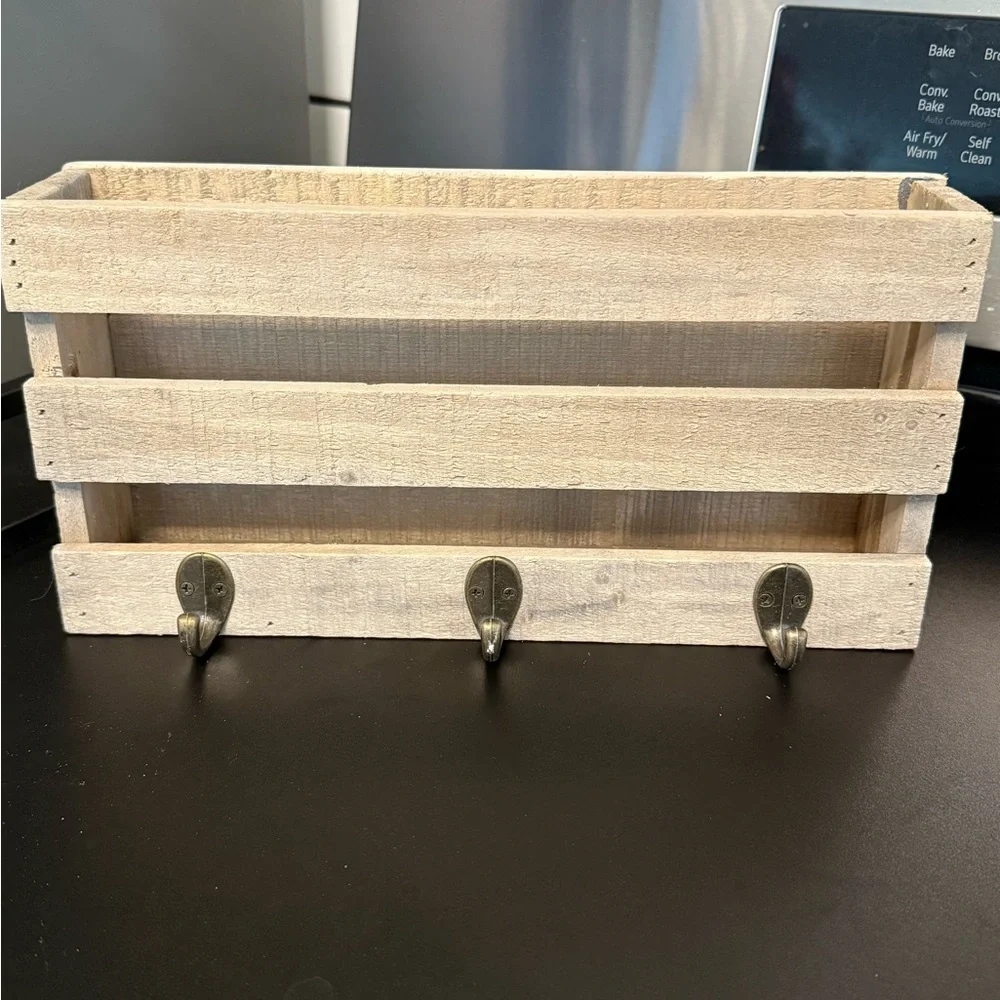 Rustic Wooden Wall Organizer Mail Slot & Key Hooks Light Natural Wood.